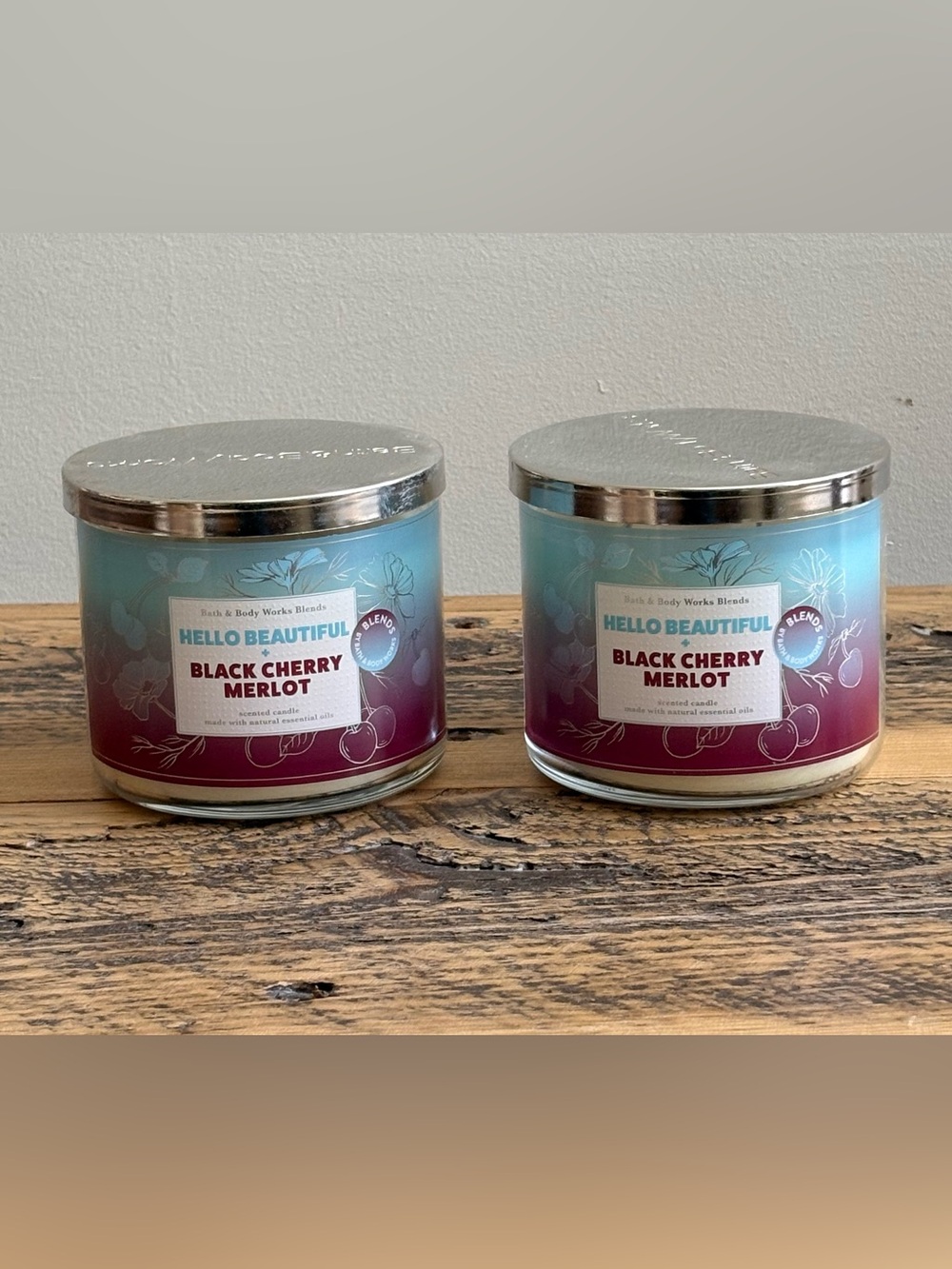 Bath & Body Works "Hello Beautiful" & "Black Cherry Merlot"  3-Wick Candle NIB
